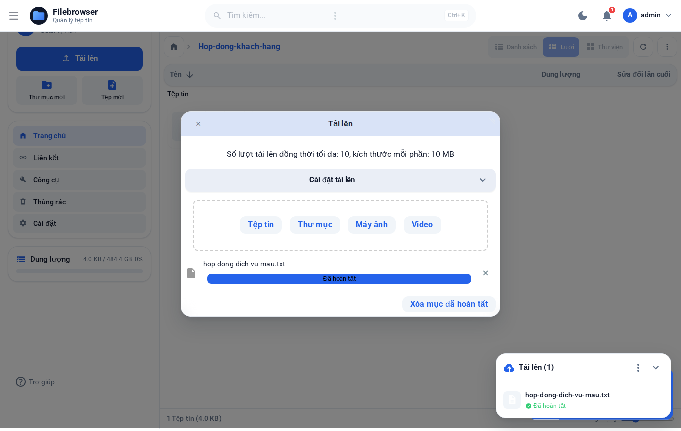 Tải file lên, theo dõi tiến trình cho tới khi báo 