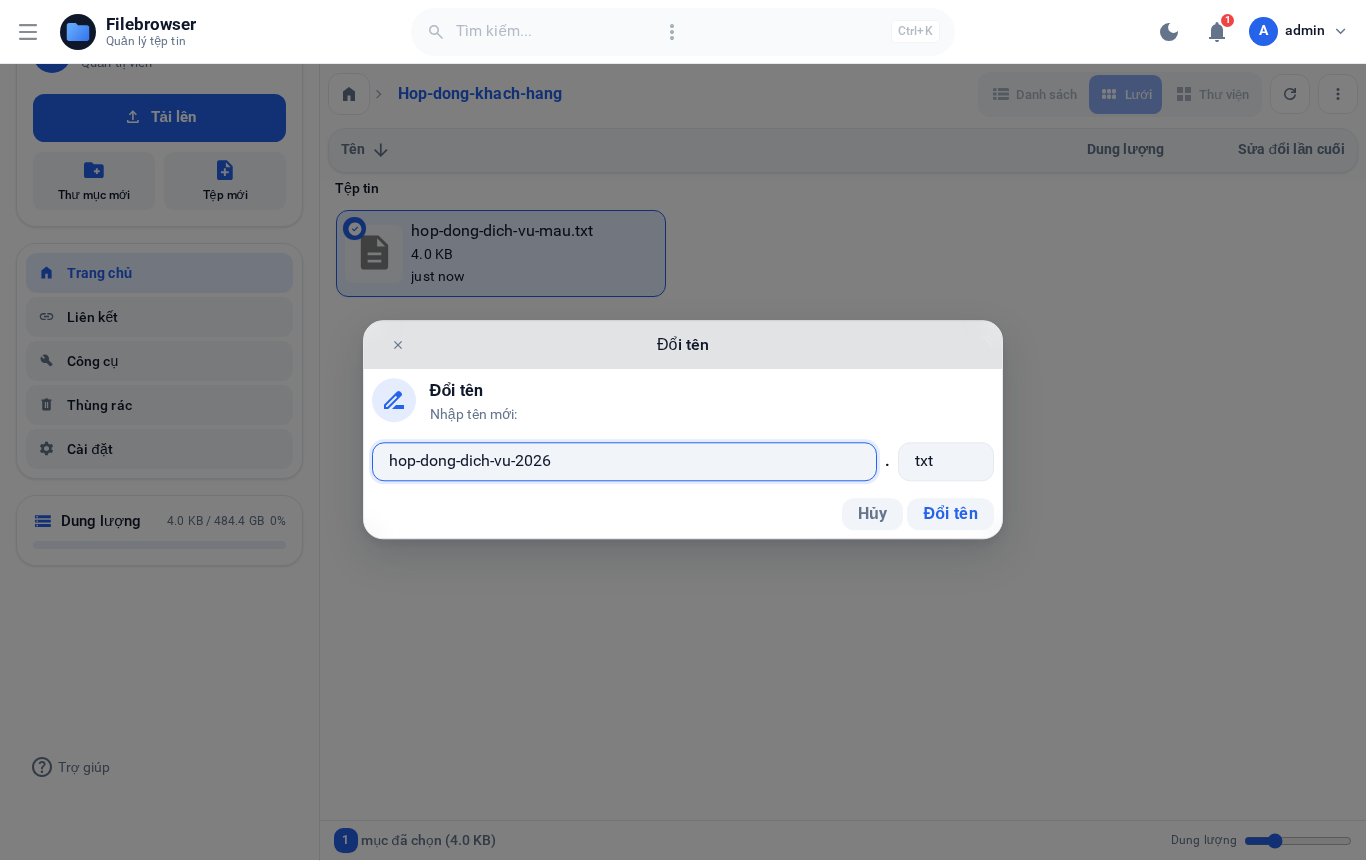 Đổi tên file — phần tên và phần đuôi mở rộng là 2 ô riêng biệt.