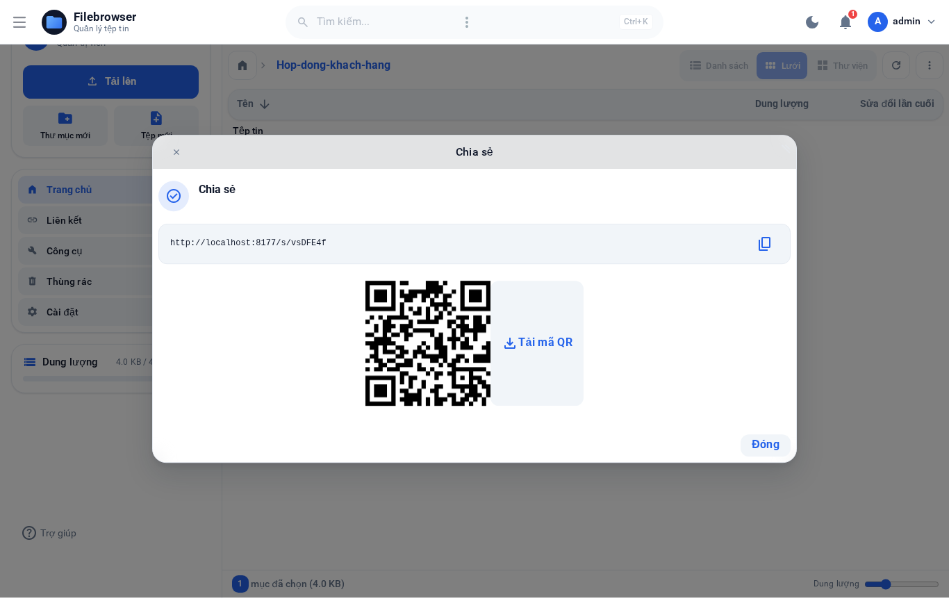 Sau khi tạo liên kết chia sẻ, hệ thống sinh ngay đường link rút gọn kèm mã QR để gửi cho khách hàng.