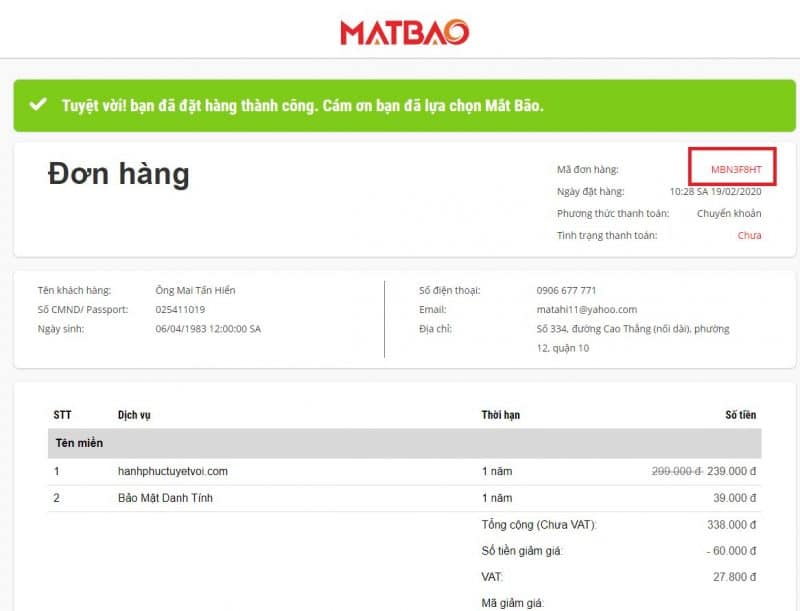 Hướng dẫn kiểm tra đơn hàng sau khi đăng ký trên https://id.matbao.net