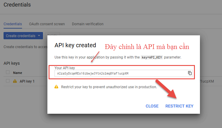Chọn Create Credentials -> sao chép Your API Key -> chọn Restrict Key.
