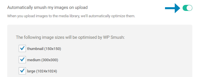 "Auto-Smush Images on upload" đã được bật và kiểm tra kích thước hình ảnh đã được tối ưu hóa.