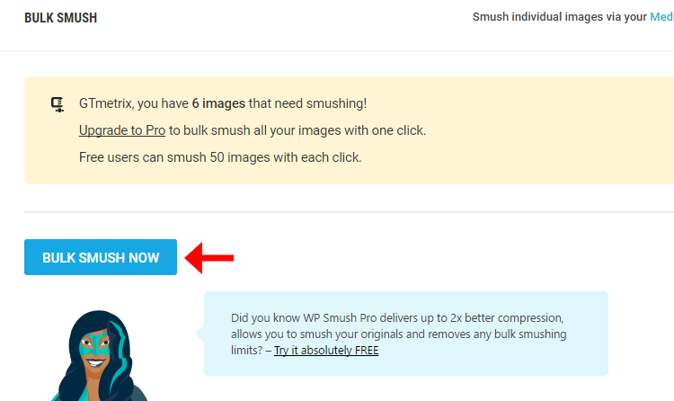 click vào "BULK SMUSH NOW" để tiến hành tối ưu hình ảnh đang có sẵn trong thư viện.
