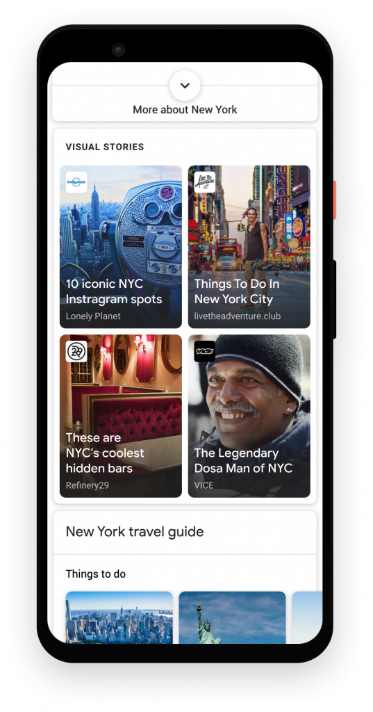    Grid View (theo bố cục) trên Google Search: Hình trên là kết quả khi người dùng tìm kiếm "things to do in New York" nó sẽ trả về kết quả dạng lưới với nhiều nhà xuất bản tuy nhiên nếu bạn thêm tên một người nhất định thì sẽ chỉ còn các stories liên quan mà người này xuất bản. Đáng tiếc rằng nó chỉ hiển thị khi dùng ngôn ngữ Anh ở Mỹ.