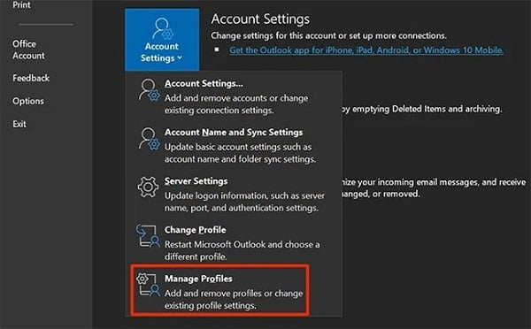 Nhấp vào Account Settings và chọn Manage Profiles