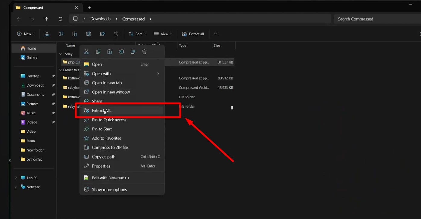 File php sau khi được giải nén trên hệ điều hành