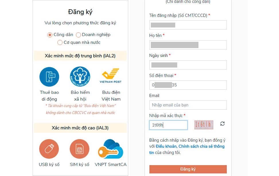 đăng ký tài khoản định danh điện tử mức độ 1