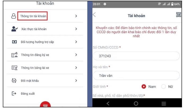 Nhập thông tin cá nhân tài khoản định danh điện tử