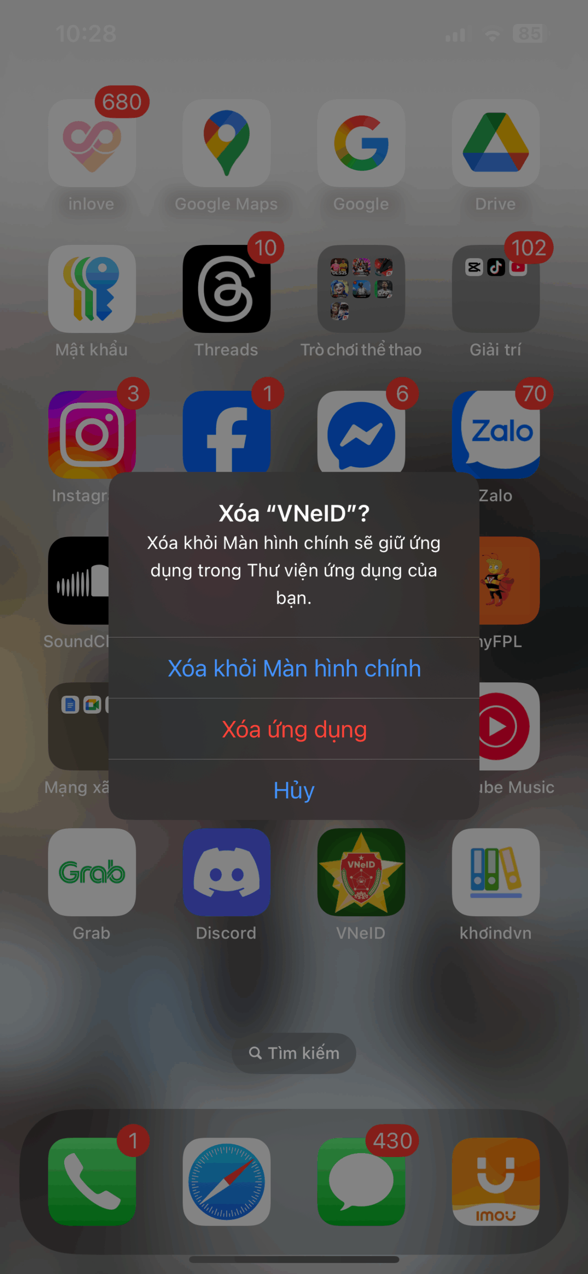 hủy ứng dụng VNeID trên điện thoại cũ