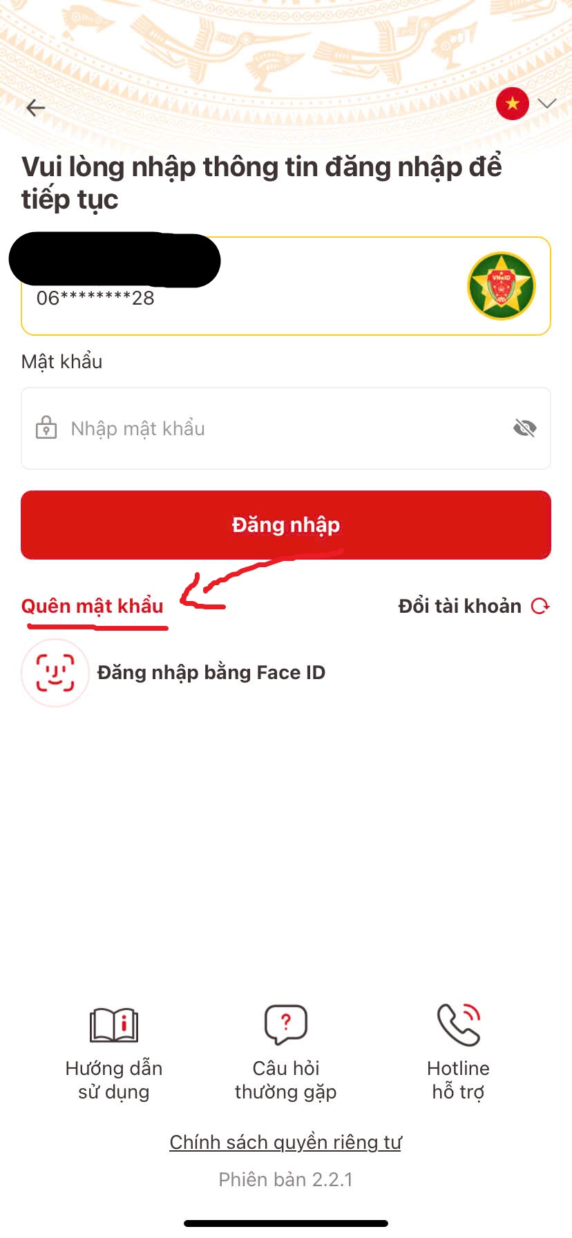 Quên mật khẩu trên ứng dụng VNEID
