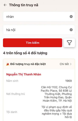Tra cứu đối tượng truy nã trên VNEID