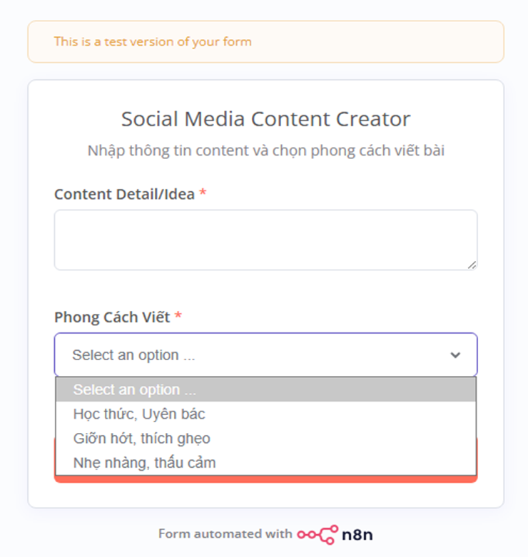Form Trigger cho workflow tạo nội dung social bằng n8n