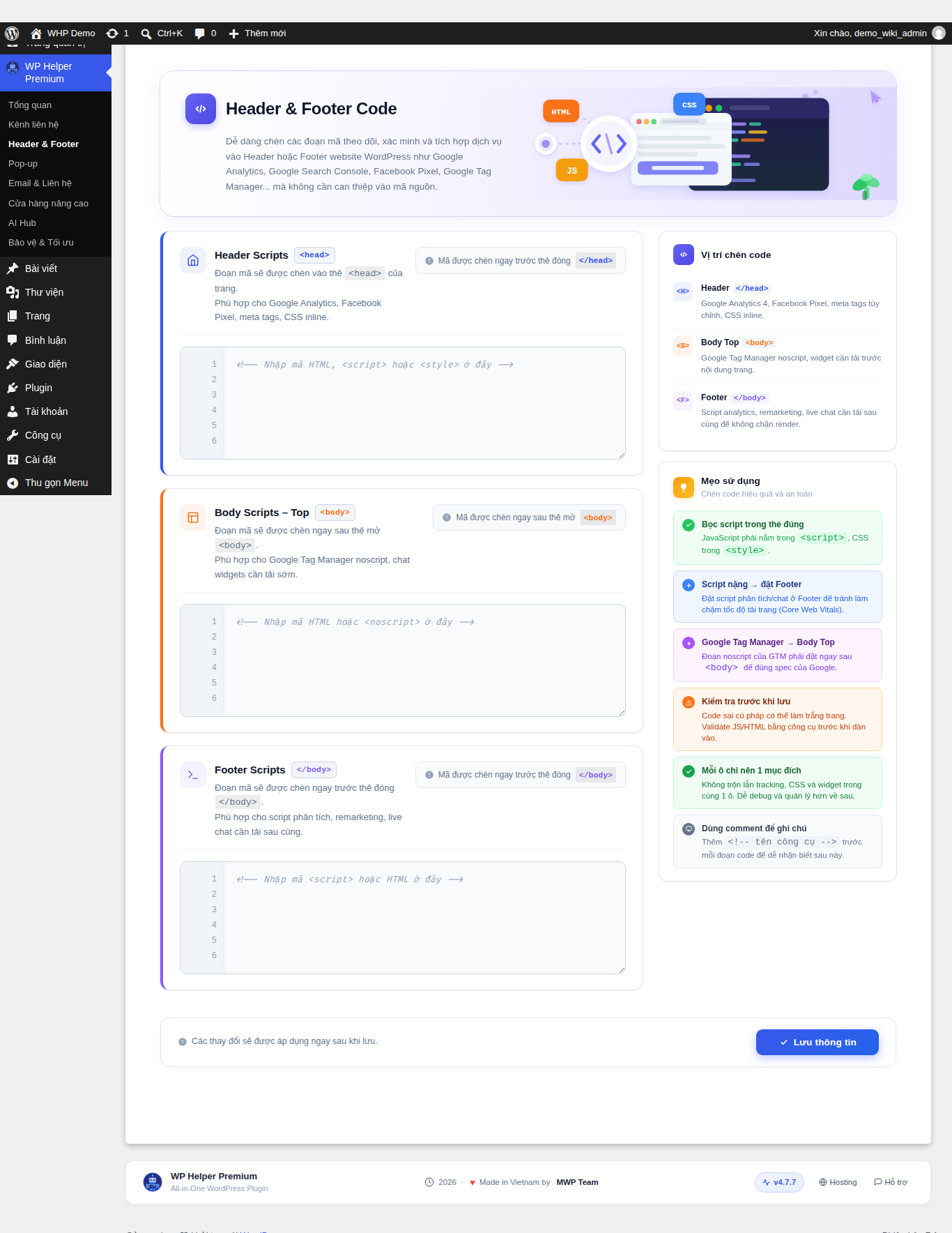 Trang Header & Footer ở trạng thái sạch
