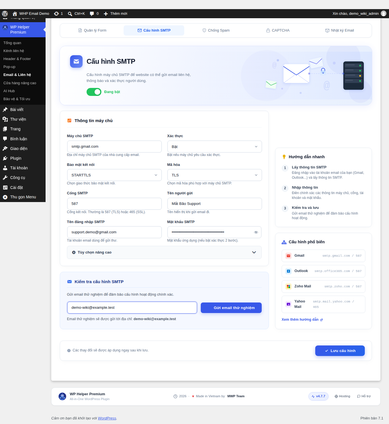 Trang Cấu hình SMTP trong module Email & Liên hệ