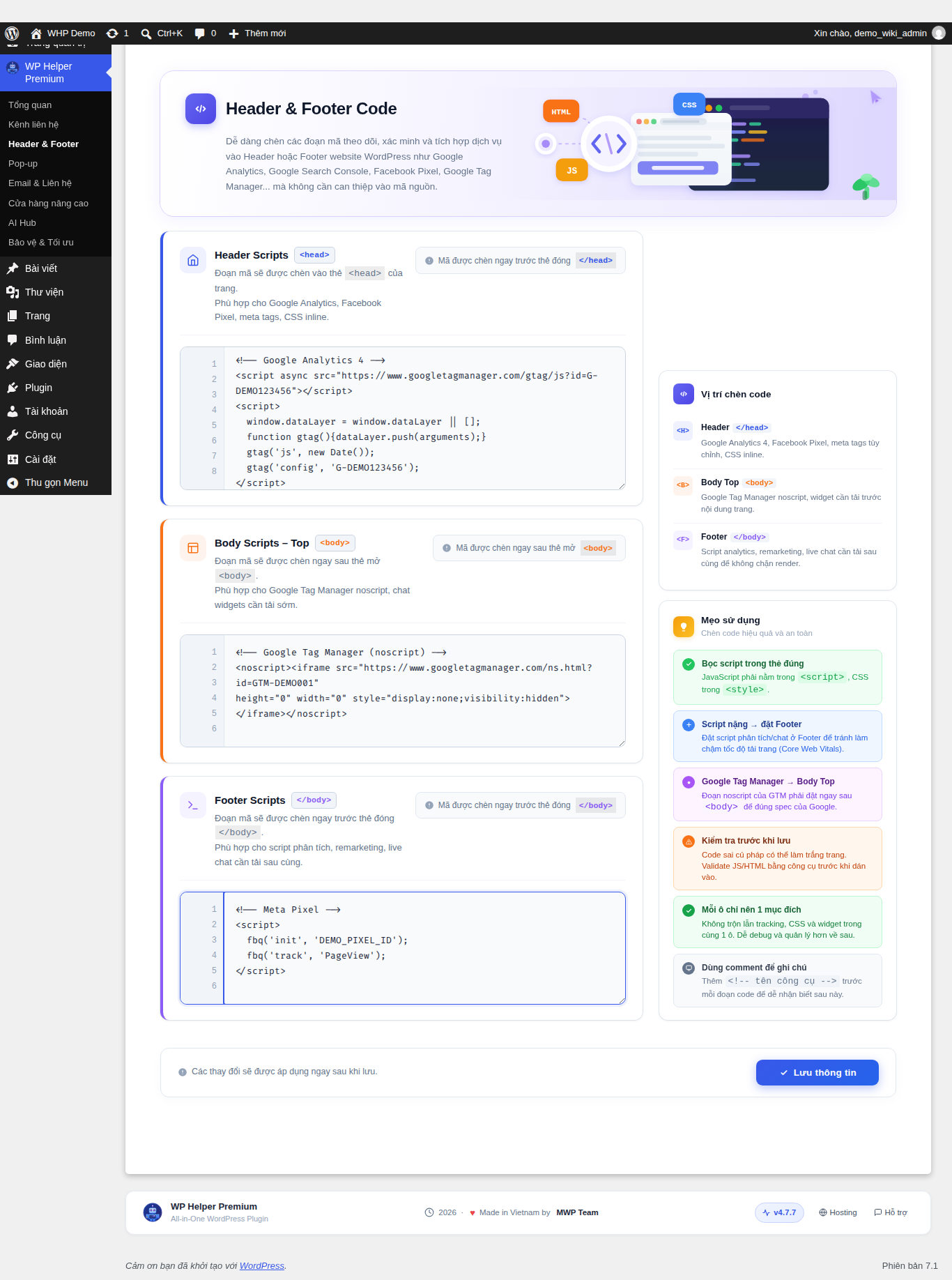 Trang Header & Footer Code với ba ô nhập code đã điền