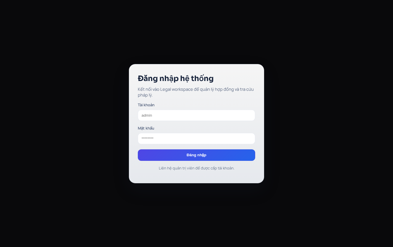 Màn hình đăng nhập vào hệ thống AI Legal Workspace