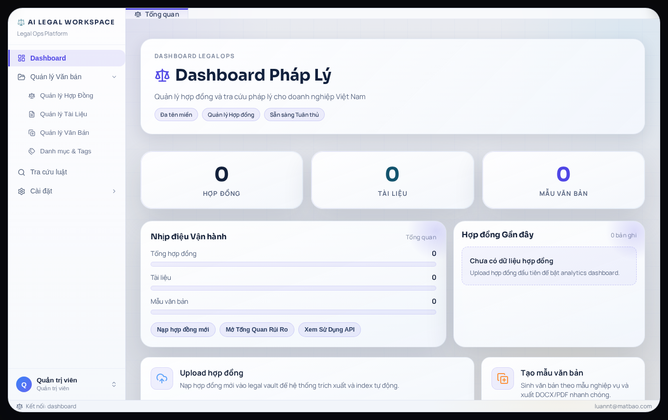 Màn hình chính/tổng quan của hệ thống AI Legal Workspace