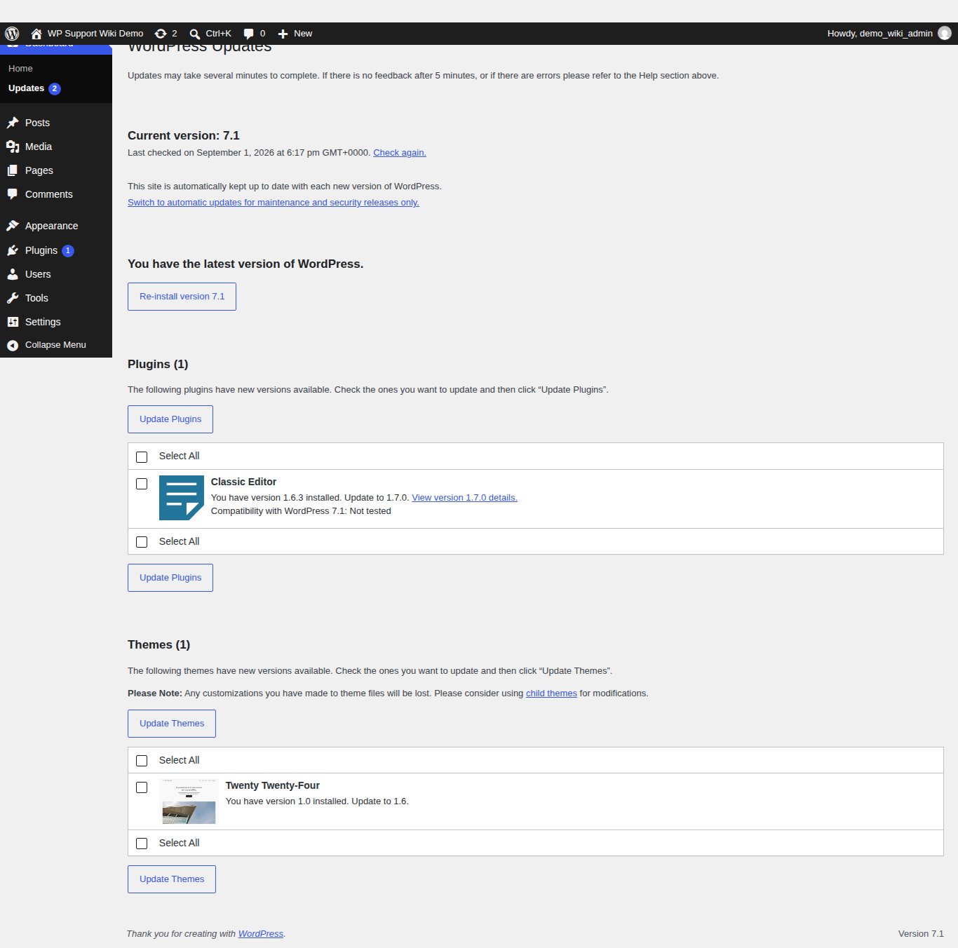 Trang Updates của WordPress hiển thị các bản cập nhật đang chờ cho plugin và theme.