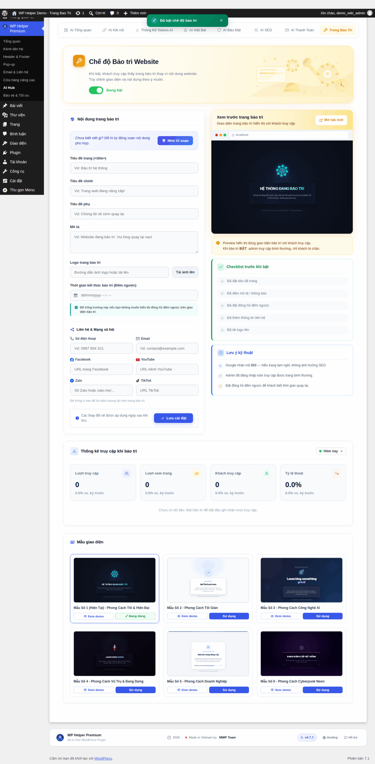 Bật công tắc "Chế độ Bảo trì Website" — toàn bộ khối cấu hình được kích hoạt