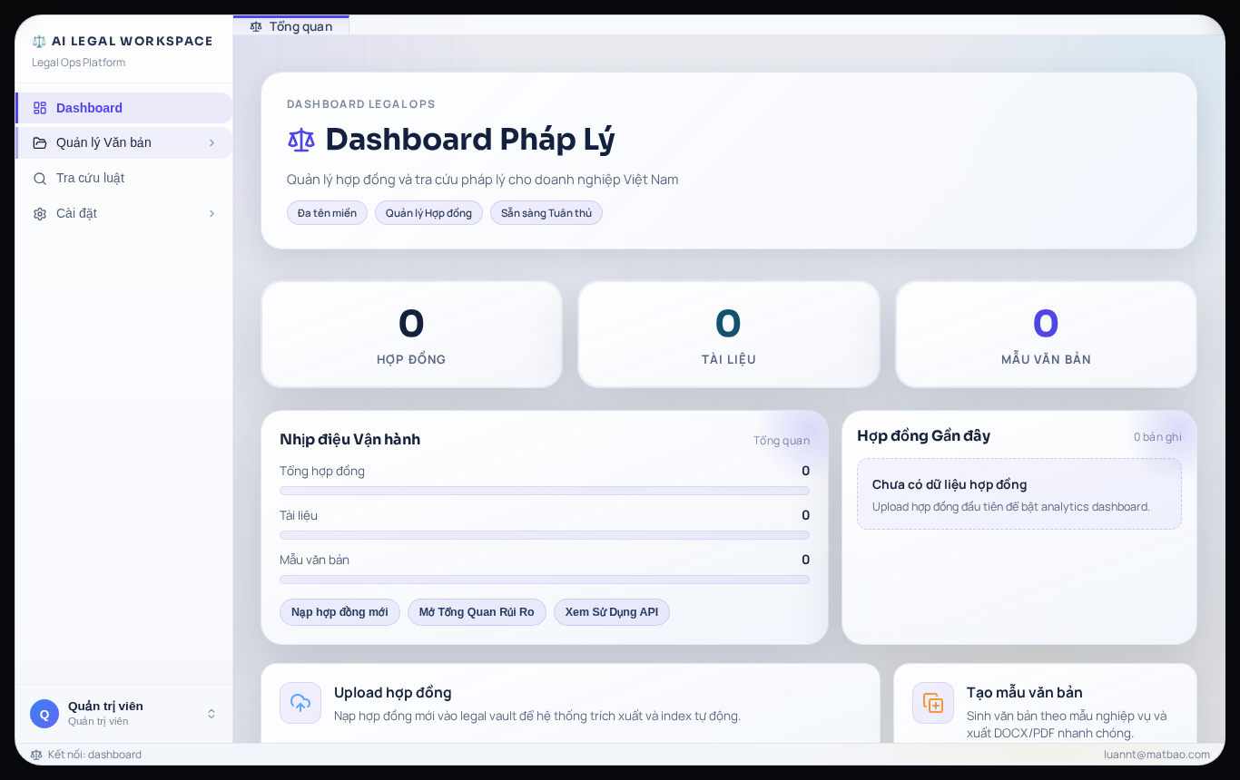 Màn hình Dashboard sau khi cố gắng truy cập Quản lý Văn bản, không có thay đổi trang do đây là menu cha