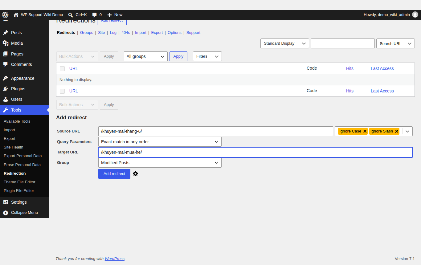 Điền Source URL và Target URL cho rule redirect đơn giản (1-1).