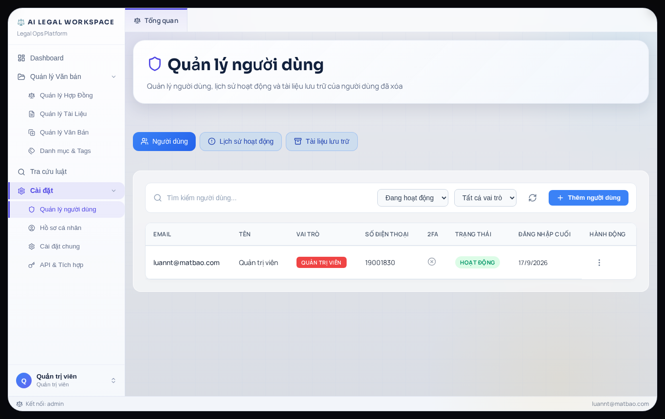 Màn hình Quản lý người dùng - Đang chờ thêm người dùng mới