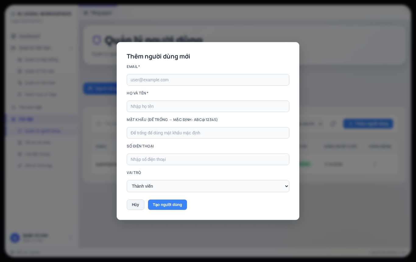 Form Thêm người dùng - Đang điền dữ liệu mẫu
