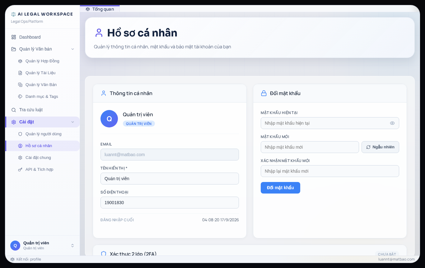 Màn hình Hồ sơ cá nhân - Đang xem thông tin cá nhân và form đổi mật khẩu