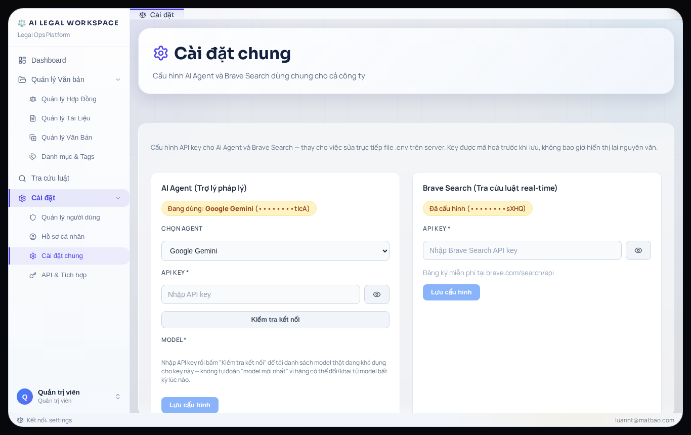 Màn hình Cài đặt chung - Đang điền và kiểm tra kết nối API Key