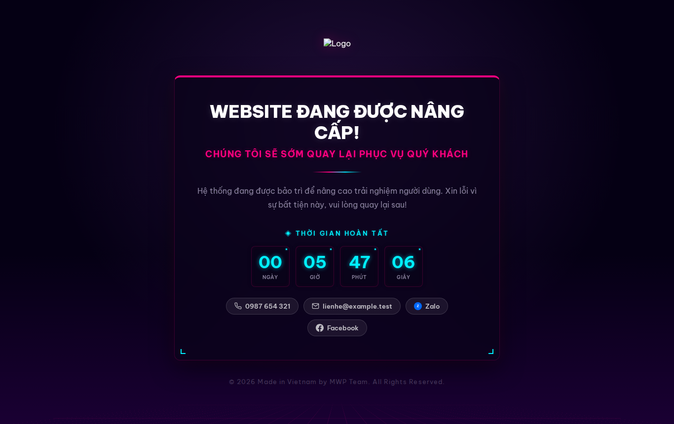 Trải nghiệm thật của khách truy cập (tab ẩn danh) khi website đang bảo trì — mã phản hồi HTTP 503, đúng mẫu Cyberpunk Neon đã chọn