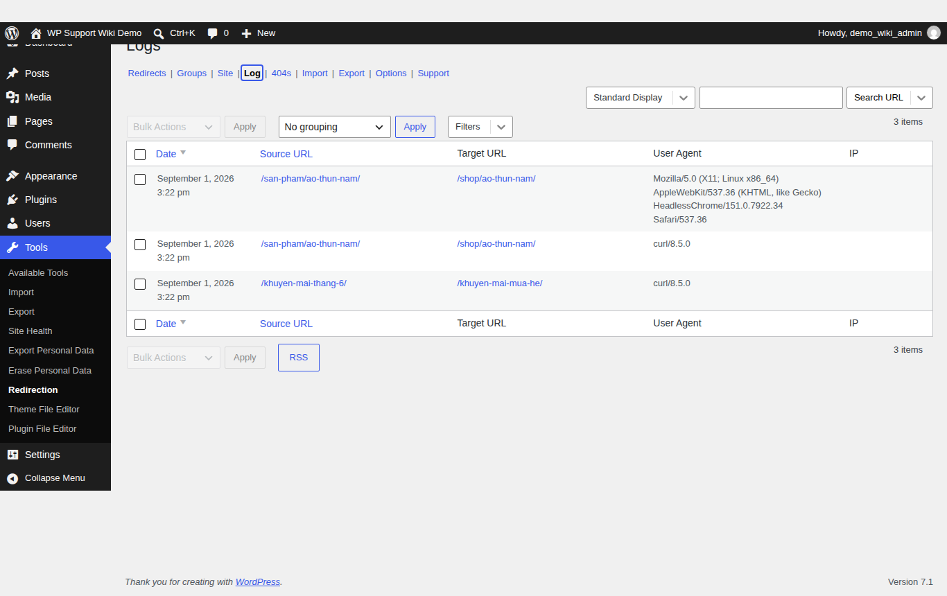 Tab Log ghi lại chi tiết từng lượt redirect — Source URL, Target URL, thời gian truy cập.