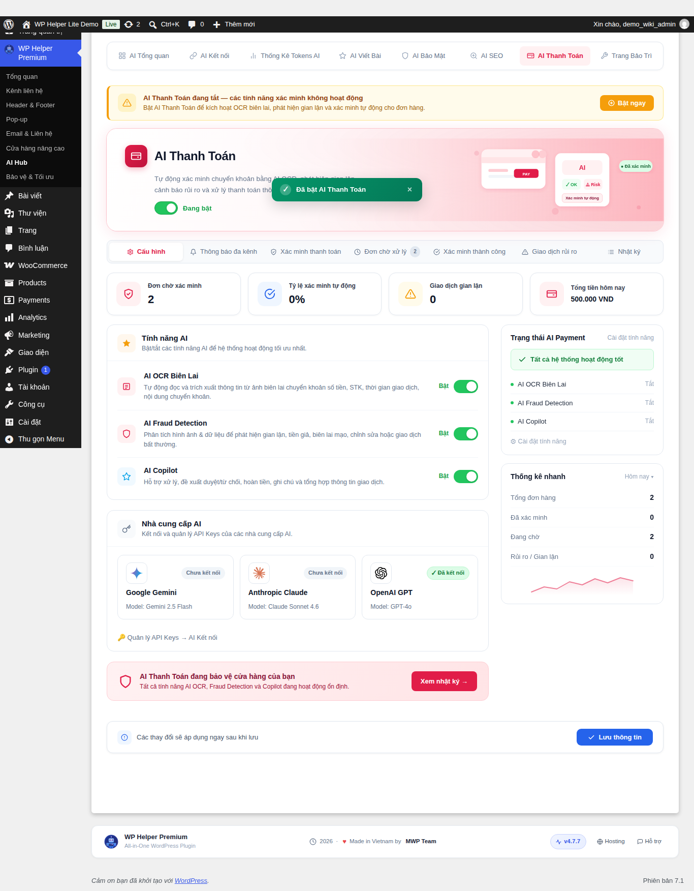 AI Thanh Toán, đã bật OCR Biên Lai, Fraud Detection và AI Copilot
