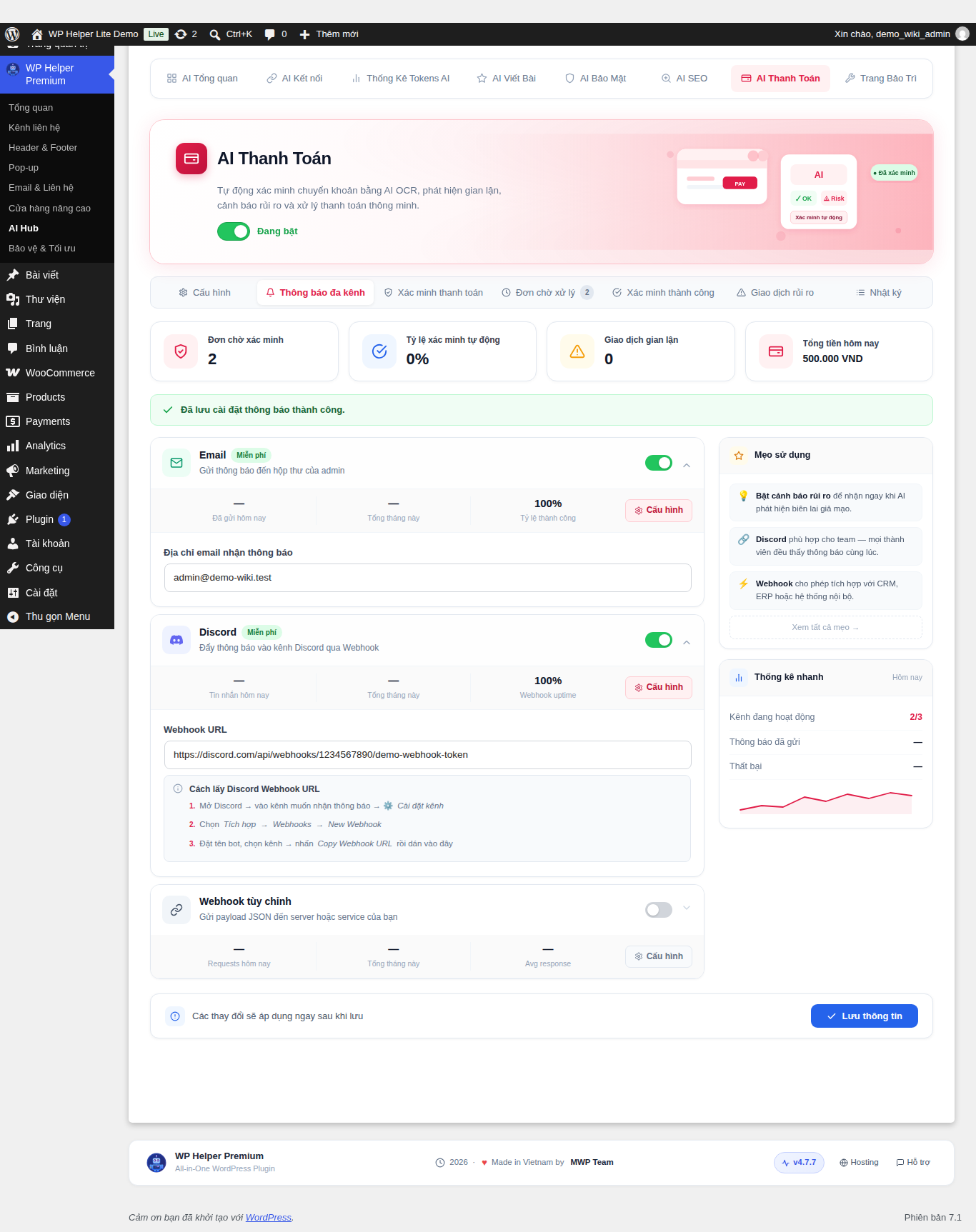 Thông báo đa kênh, đã cấu hình kênh Email và Discord