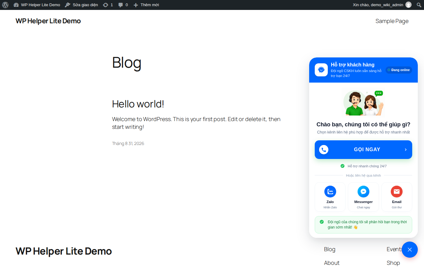 Widget hiển thị thật trên trang chủ website, popup đã mở với đầy đủ hotline và các kênh đã bật