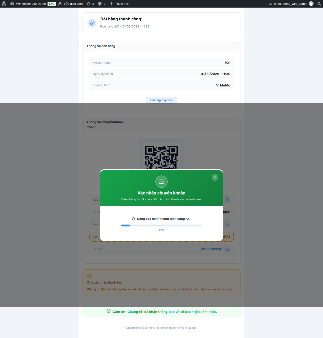 AI đang xác minh thanh toán ngay trong popup, hiển thị thanh tiến trình theo thời gian thực