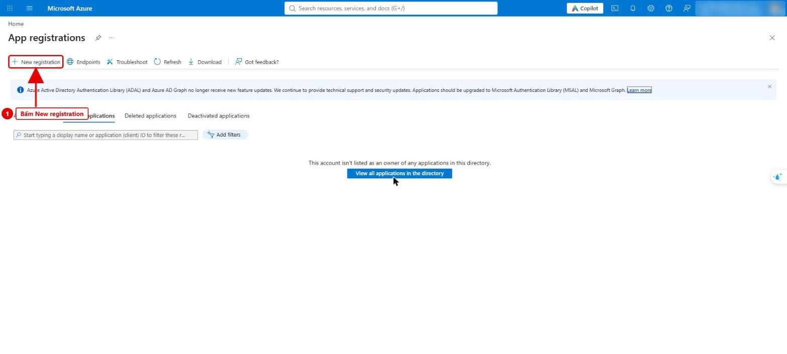 Hình 2: Vào App registrations và bấm New registration
