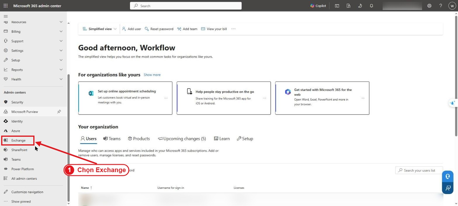 Microsoft 365 admin center – chọn Show all, mục Admin centers chọn Exchange