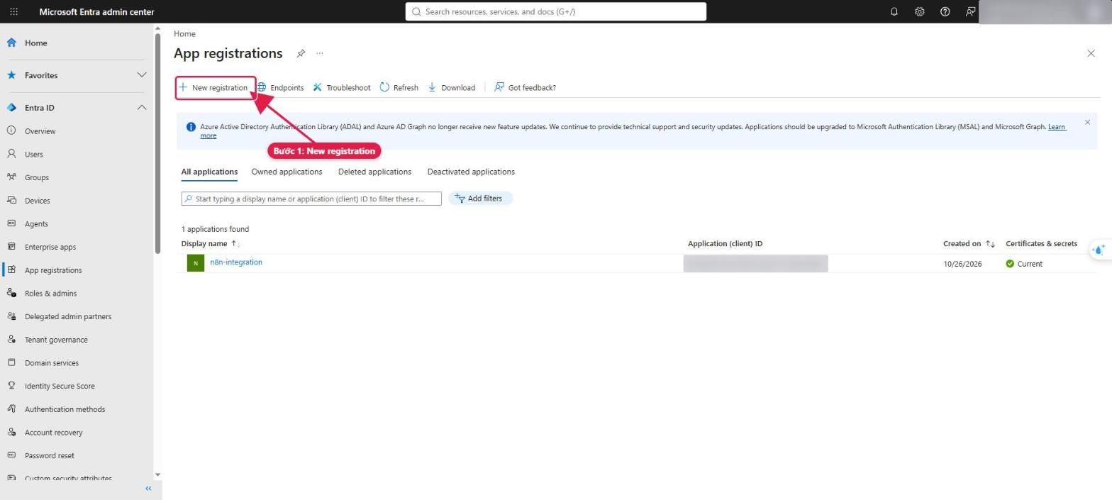 Mở App registrations và chọn New registration