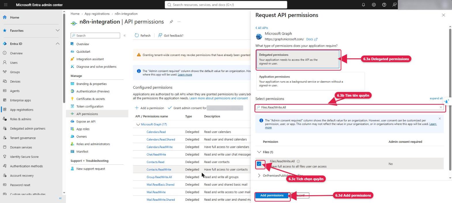 Chọn Delegated permissions, tìm và tích quyền, bấm Add permissions