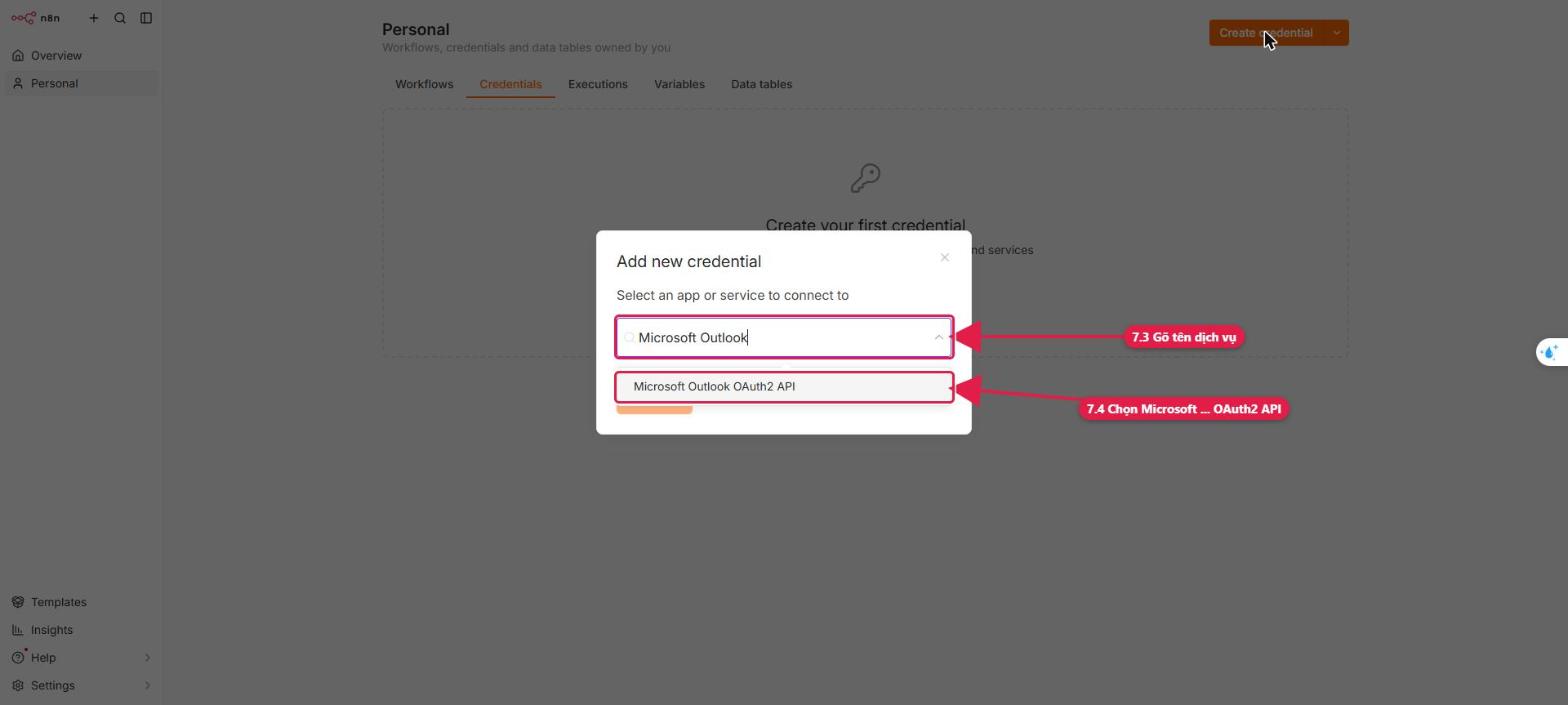 Chọn loại credential Microsoft Outlook OAuth2 API