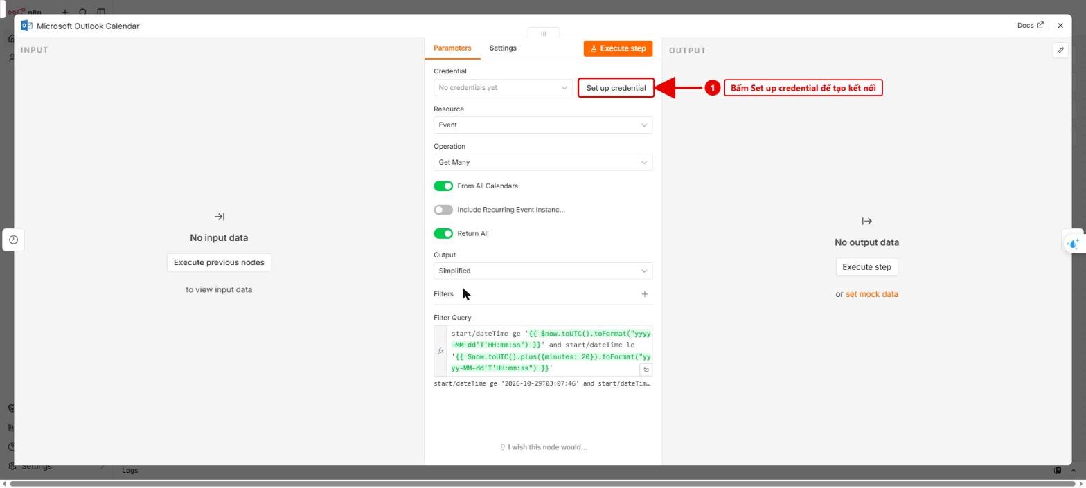 Hình 4: Node Microsoft Outlook Calendar – bấm Set up credential