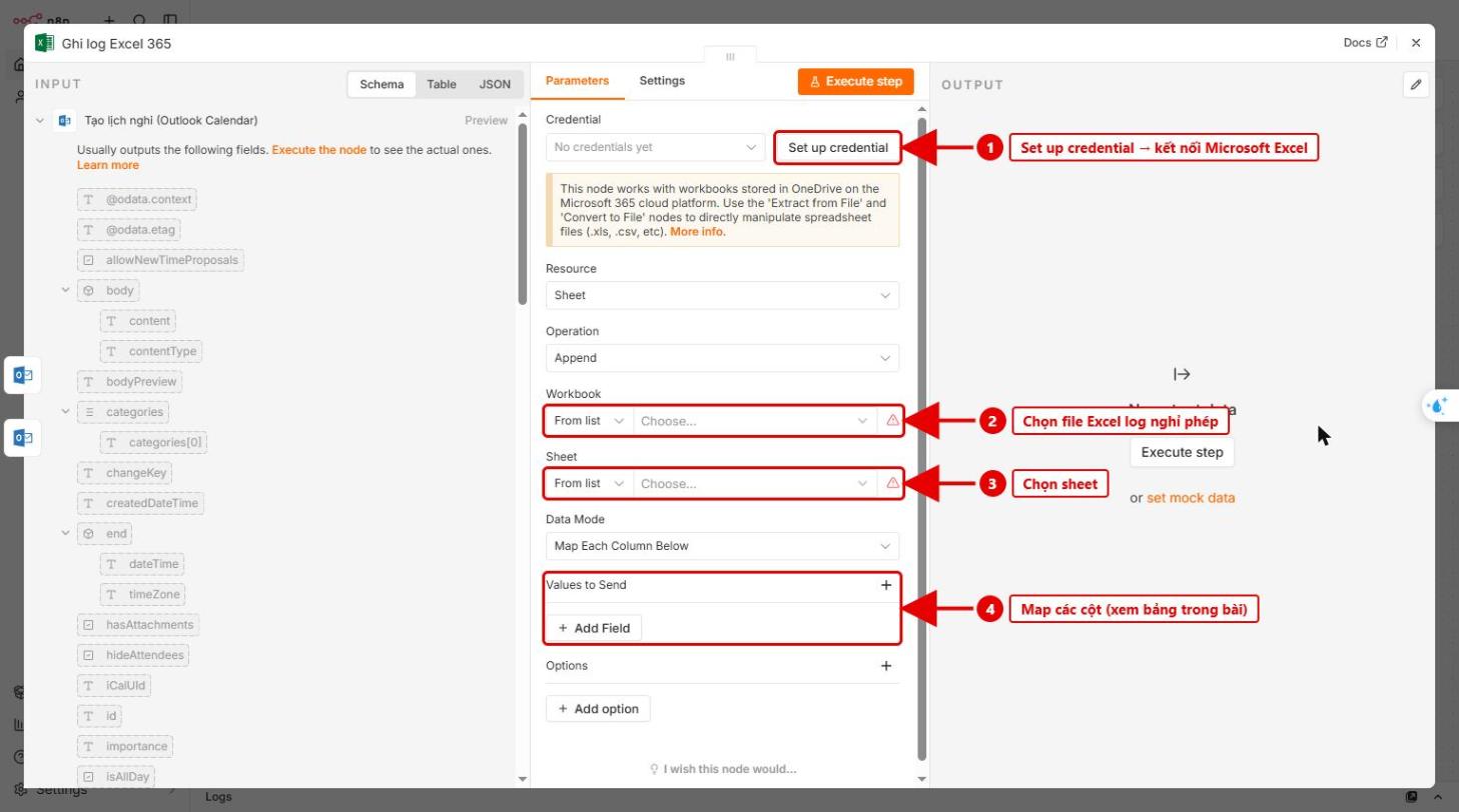 Hình 4: Node Ghi log Excel 365
