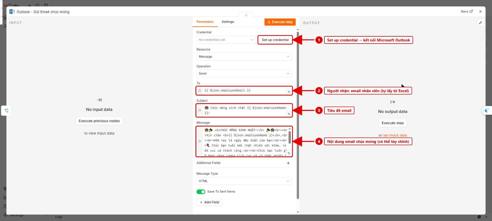 Hình 8: Node Outlook – credential, người nhận, tiêu đề và nội dung email