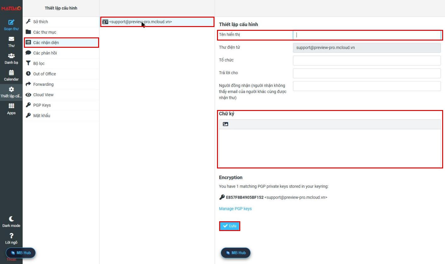 Thiết lập Nhận diện và chữ ký Webmail Email Pro V4