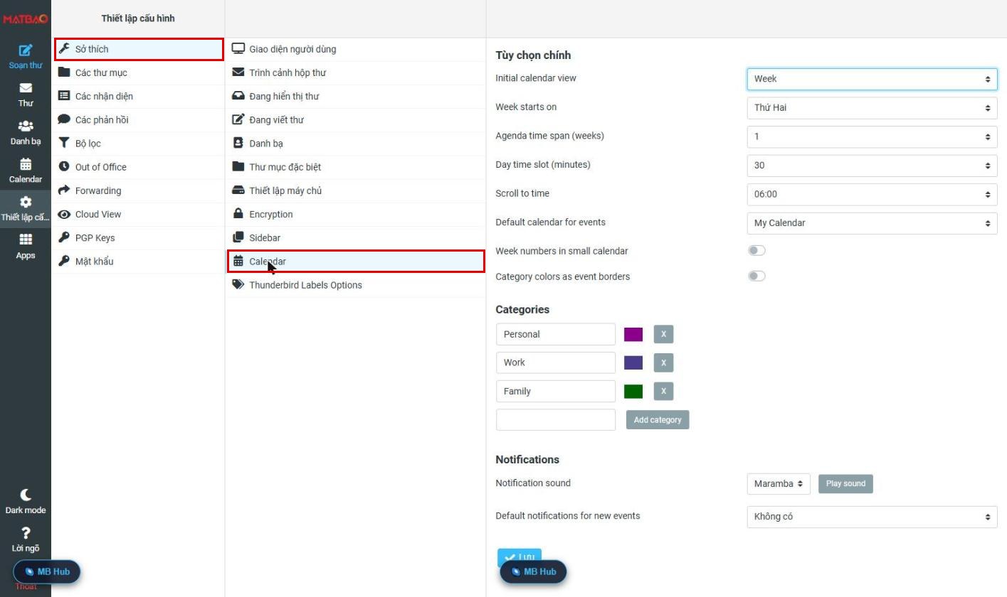 Thiết lập Calendar Webmail Email Pro V4