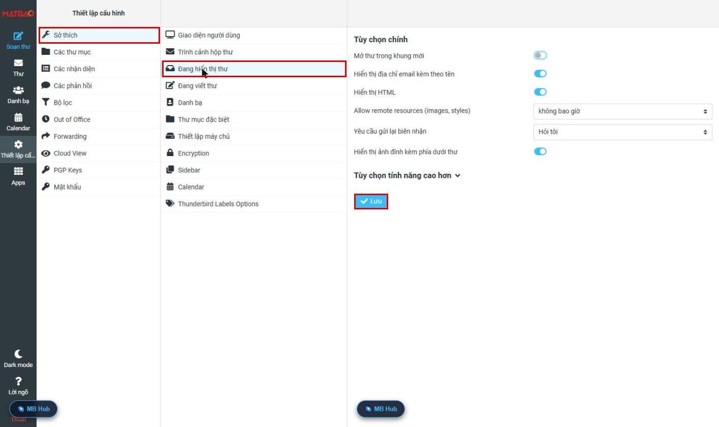 Thiết lập Đang hiển thị thư Webmail Email Pro V4