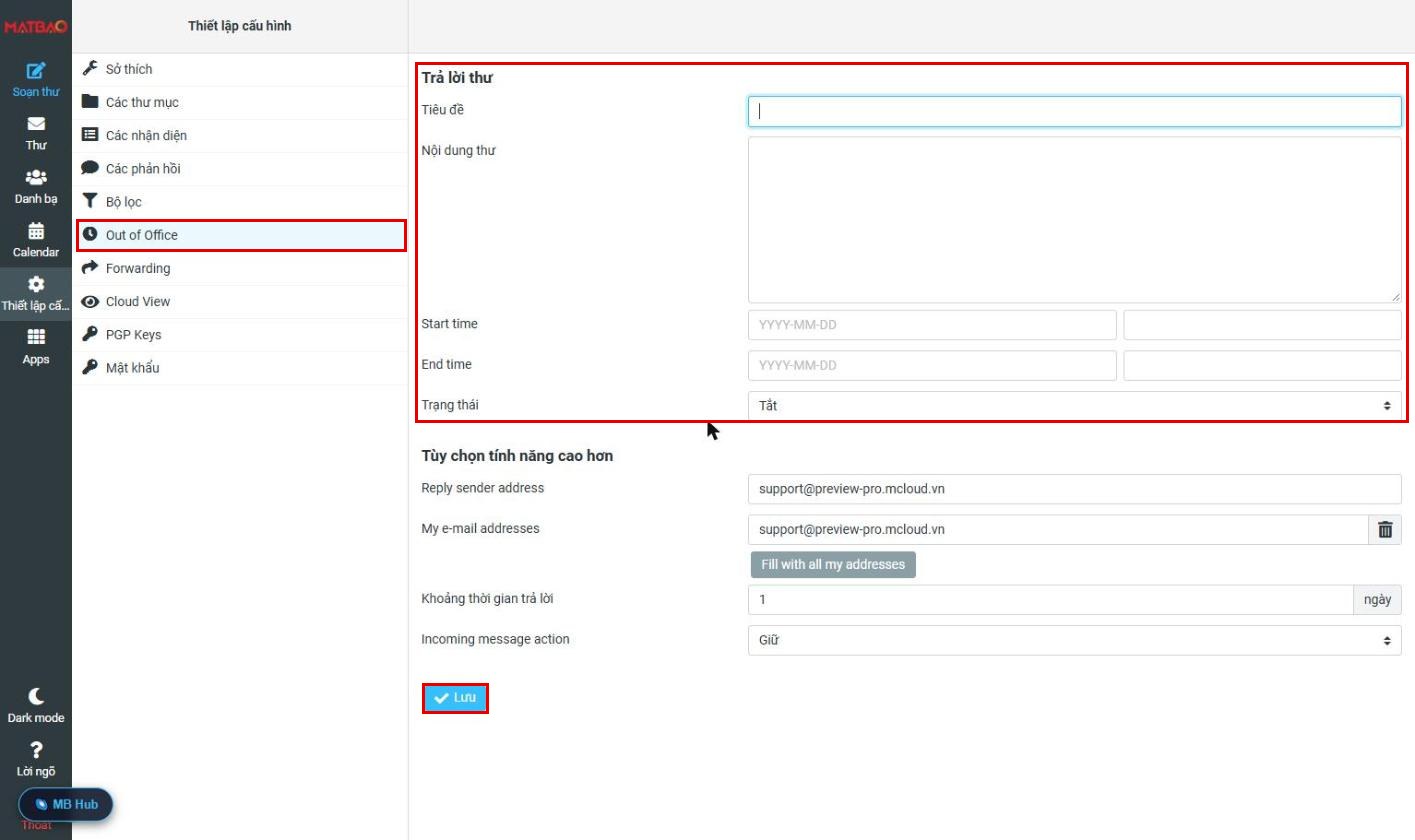 Thiết lập trả lời tự động Out of Office Webmail Email Pro V4
